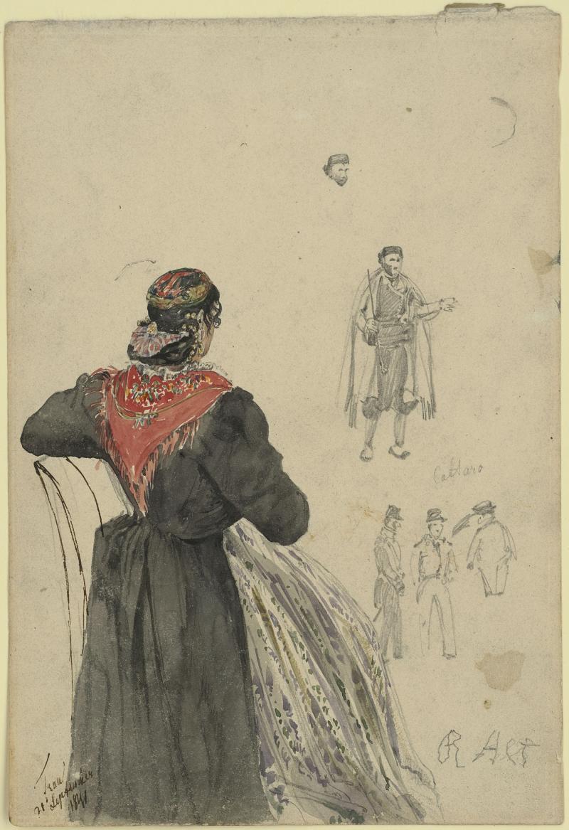 Rudolf von Alt (1812-1905) Dalmatinische Frau; im Hintergrund Skizzen zu vier Männern, 1841, Aquarell, 238 x 164 mm  © Staatliche Graphische Sammlung München