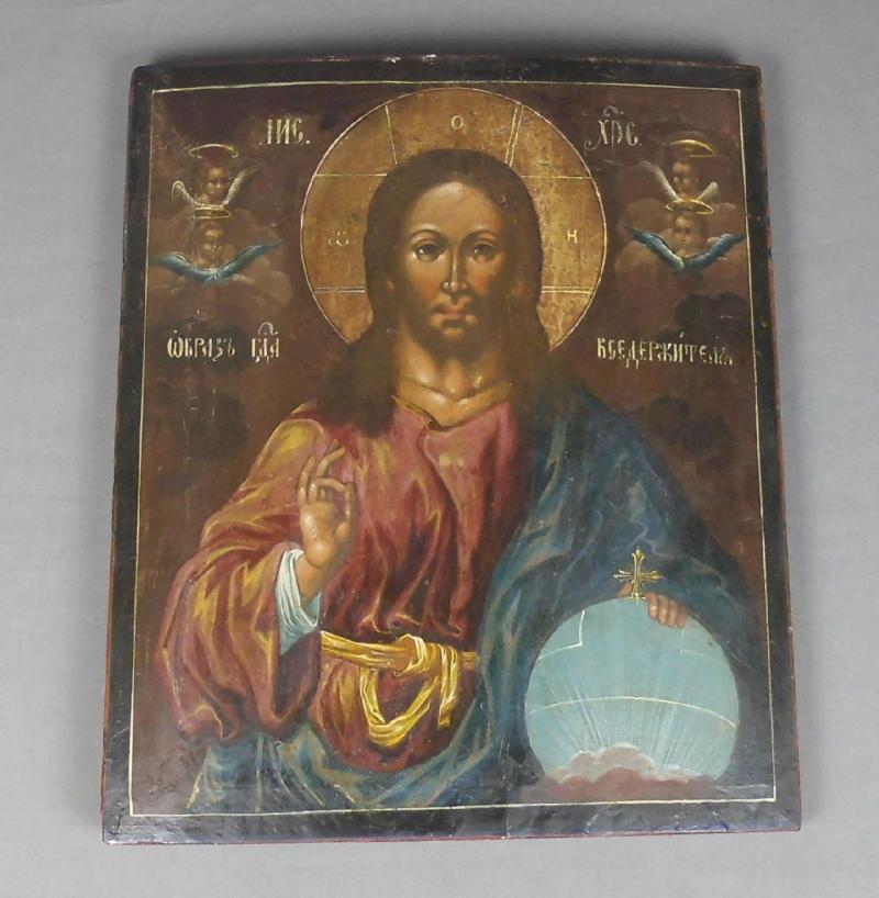 IKONE: "Christus - Salvator mundi", Tempera auf Holz, 18./19. Jh., kyrillisch bezeichnet.