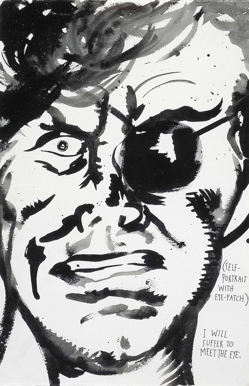 Raymond Pettibon: untitled (Self-portrait with eye-patch), 1998. Schreibstift und Tusche auf Papier. 57,1 x 38,1 cm. © Raymond Pettibo