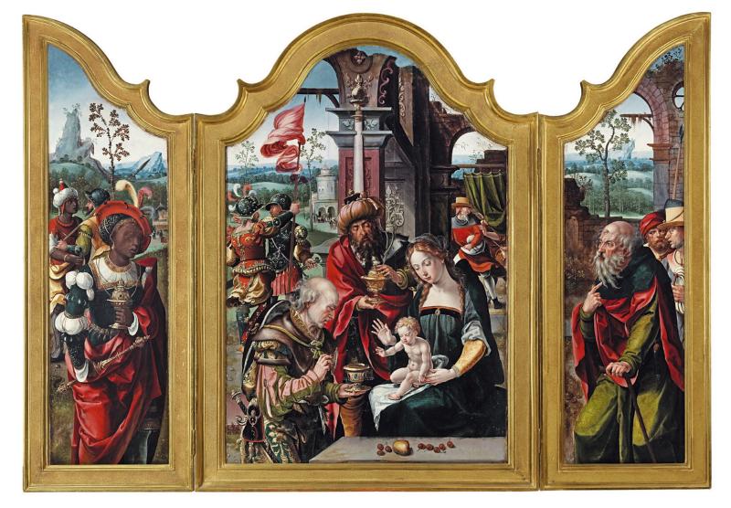 Pieter Coecke van Aelst (1502-1550) Triptychon mit der Anbetung der Könige, Öl/Holz,  Mittel 105 x 72 cm, Seitenflügel je 105 x 30,5 cm  Auktion 20. Oktober 2015  Schätzwert € 100.000 - 120.000