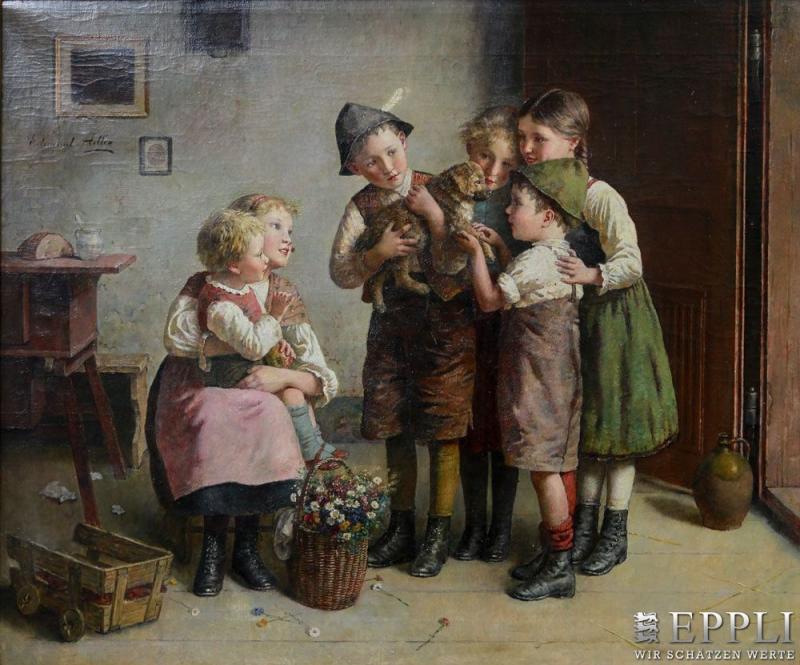 EDMUND ADLER (1867-1957/65)  „Der neue Spielgefährte“, Öl/Lwd., 55x66 cm        Losnummer: 1684 Aufrufpreis: 6.900 Euro