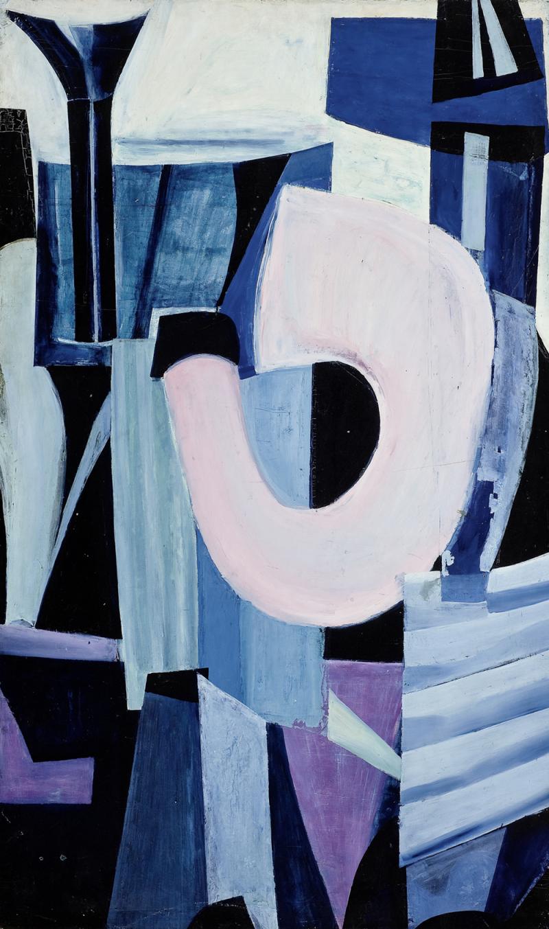 Wolfgang Hollegha, "Blaue Maschine, rosa Trompete", 1949/50, Öl auf Hartfaserplatte, Courtesy des Künstlers, Foto: Universalmuseum Joanneum / Niki Lackner