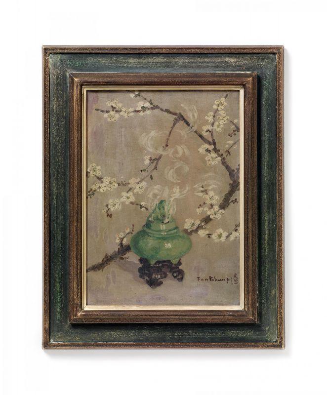 Junbi Fang Weihrauchbrenner und Pflaumenblüten 1920er Öl auf Leinwand 39,5 x 27,5cm Ergebnis: 61.440 Euro