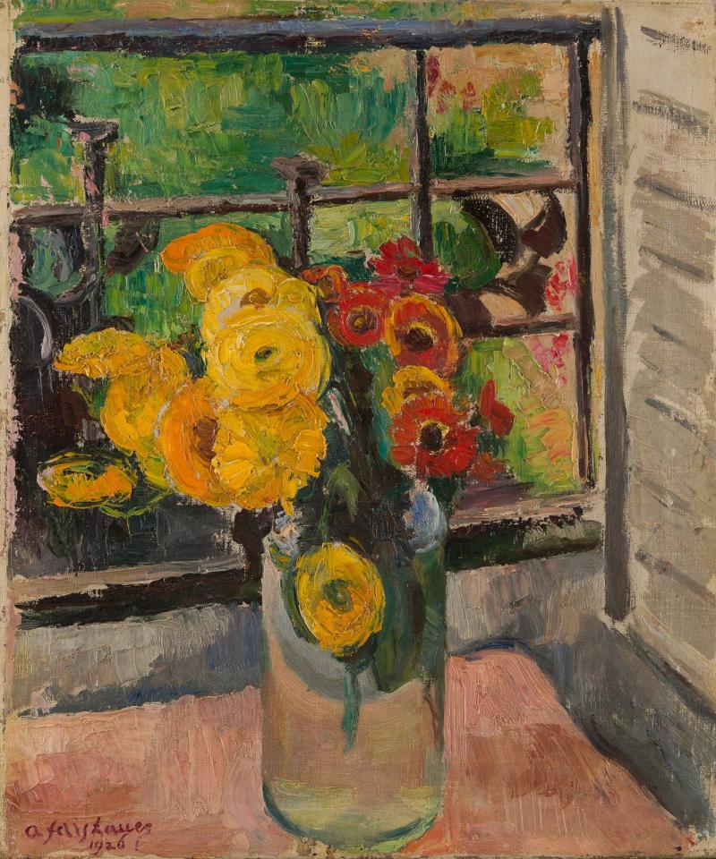 ANTON FAISTAUER (1887 – 1930), Sonnenblumenstrauß in einer Glasvase, 1926, Öl auf Leinwand, 45 x 46 cm