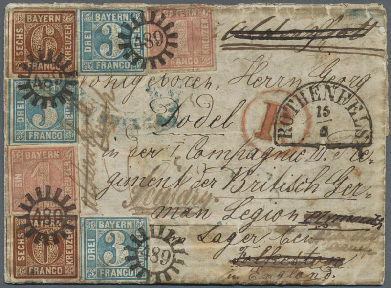 Los 13236 Bayern 1856, EINMALIGER BAYERN BRIEF AN EIN MITGLIED DER "GERMAN LEGION" (KRIM-KRIEG). Kompletter Faltbrief, freigemacht mit zweimal 1 kr. rosa, dreimal 3 Kr. blau und zweimal 6 kr. braun, alle gestempelt mit gMR "489" und Neben-HK "ROTHENFELS 15/6" gelaufen über Bahnpost Leipzig-Magdeburg (13.6) Ausruf 20.000