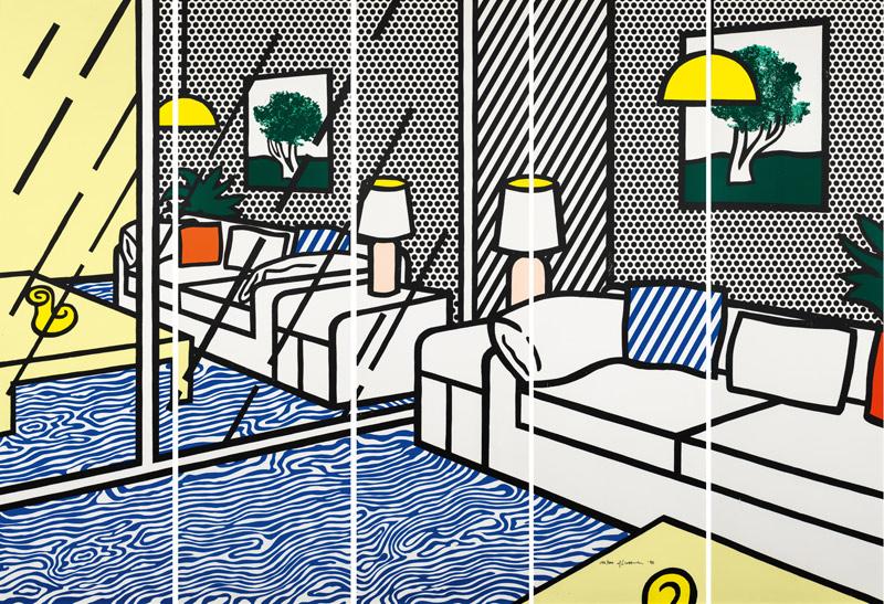 Roy Lichtenstein * Schätzpreis € 18.000 - 30.000 (New York 1923 - 1997 New York) Wallpaper with blue floor interior, 1992 Farbsiebdruck; Auflage: 188/300; je 261 × 77,5 cm; insgesamt 261 × 387,5 cm (ohne Rahmen)