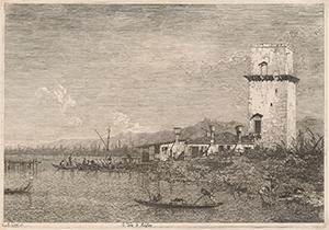 Giovanni Antonio Canal, gen. Canaletto (1697 - 1768), La Torre di Malghera, Blatt aus der Folge Vedute altre prese da i luoghi altre ideate, 1741–1746, Radierung, Graphische Sammlung ETH Zürich