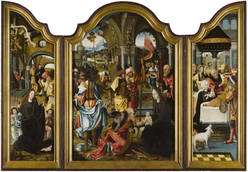 KUNSTBERATUNG ZÜRICH AG, Triptych representing the Adoration of the Magi, the Nativity and the Circumcision Pieter Coecke van Aelst (Aalst 1502-1550 Brussels), and workshop Oil on panel 102 x 70 cm (central panel); 100 x 31 cm (lateral panels)