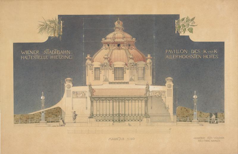 Otto Wagner. Hofpavillon der Stadtbahn in Wien-Hietzing, Orthogonalansicht, 1898 Vorzeichnung (Graphit), Feder, Tusche, Aquarell, Weißhöhungen, 45,5 x 70 cm © ALBERTINA, Wien