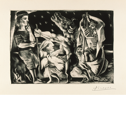 Galerie Bastian (stand 529)    1 / 2  Pablo Picasso (Málaga 1881-1973 Mougins) Minotaure aveugle guidé par une fillette dans la nuit(Blind Minotaur Led by a Little Girl in the Night)