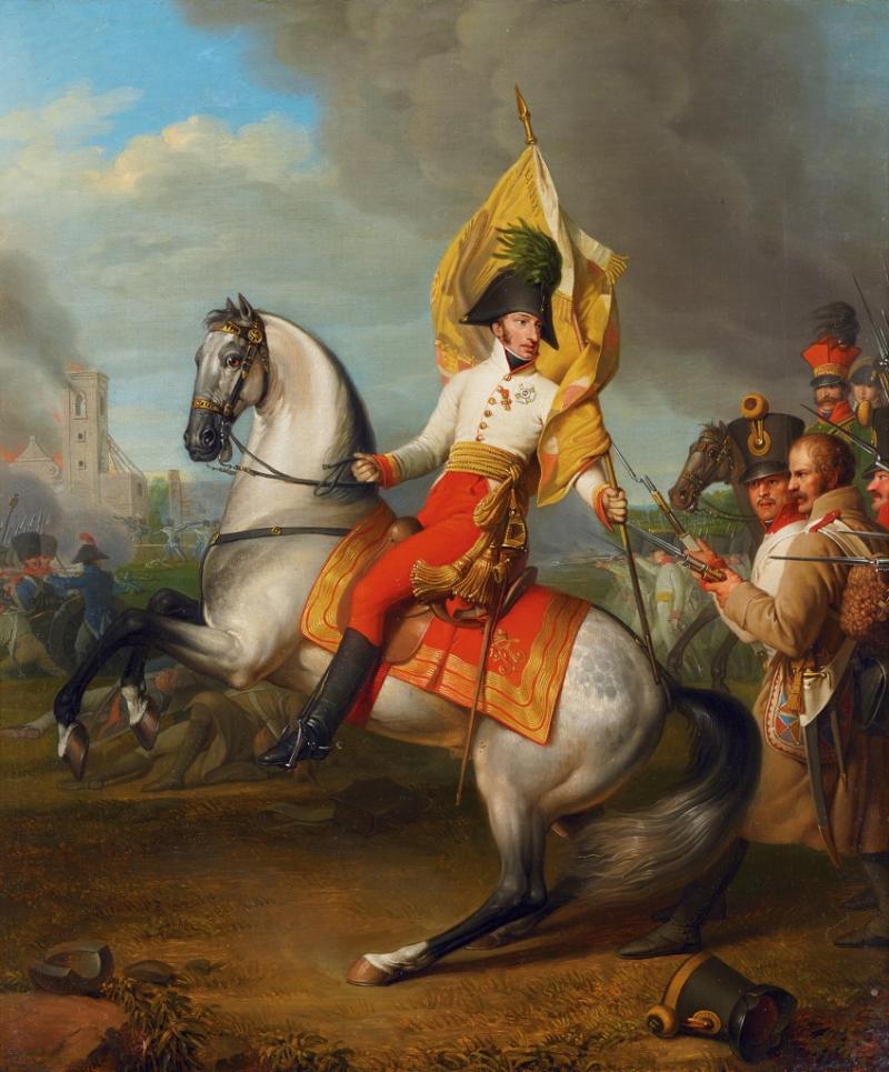 Johann Peter Krafft, Erzherzog Karl mit der Fahne des Regiments Zach in der Schlacht bei Aspern, 1809,1811 Privatbesitz, Foto: © Belvedere, Wien Öl auf Leinwand 56,6 x 48 cm