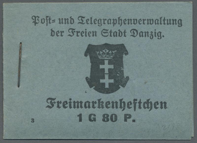 Los 16567 Danzig – Markenheftchen 1925, 1,80 G. Stadtwappen Markenheftchen mit ONr. 3 und blaugrauem Deckel, komplett mit allen Zwischenblättern und Heftchenblättern, postfrisch Zuschlag: 7.000,- Euro, Ausruf: 1.500,- Euro