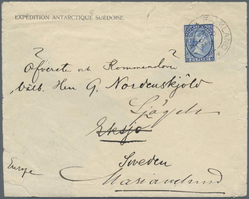 Los 3008A Antarktis  Swedish South Polar Expedition 1901-1903: 1902, official Expedition envelope with EXPEDITION ANTARCTIQUE SUEDOISE imprint at top left, sent by Otto Nordenskjold to his father, franked with Falkland Islands 2½d. cancelled by 3 April 1902 cds to Ekso, Sweden and redirected, a partial strike of the oval Expedition cachet S. Y. “ANTARCTIC” / SWEDISH / EXPEDITION on the reverse  Zuschlag: 6.200,- Euro, Ausruf: 1.500,- Euro