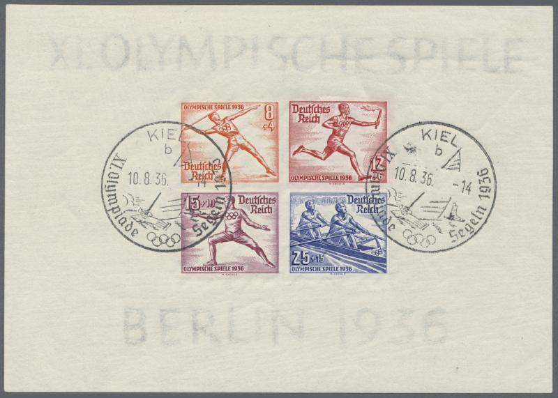 Los 3267 Olympische Spiele 1936, Berlin, Olympia-Block 8/25 Pfg. ungezähnt mit SST "KIEL 10.8.36 b" Zuschlag: 14.000,- Euro, Ausruf: 5.000,- Euro 