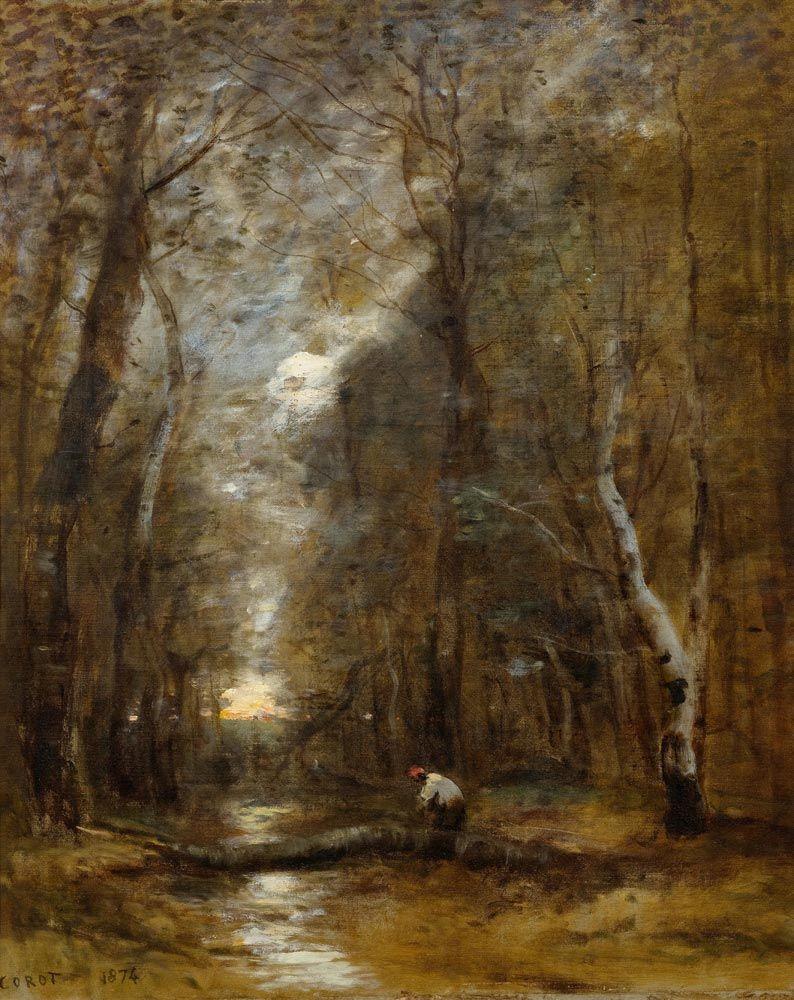 COROT, JEAN-BAPTISTE CAMILLE  (1796 Paris 1875)  Sous bois. Un tronc d'arbre abattu en travers d'un ruisseau. 1874.  Öl auf Leinwand.  Unten links signiert und datiert: COROT 1874.  55 x 45 cm. Schätzpreis:	60.000 - 90.000 CHF