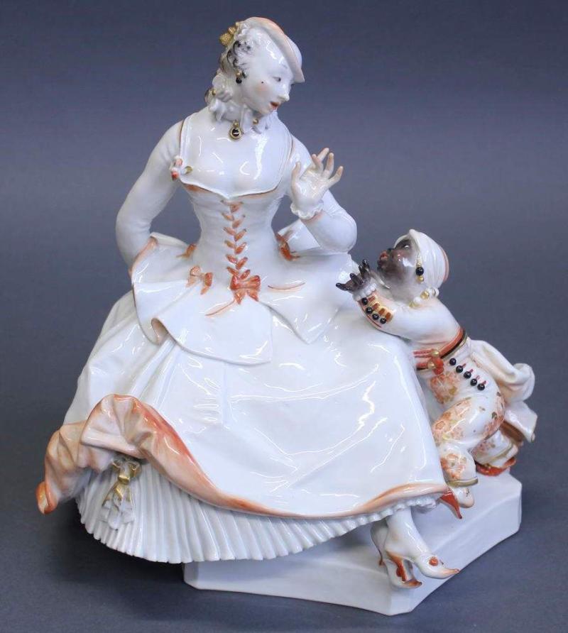 Porzellangruppe, "Dame mit Mohrenkind", Meissen, Schwertermarke, Urstück, 1, Zuschlagspreis:	2.200 EUR