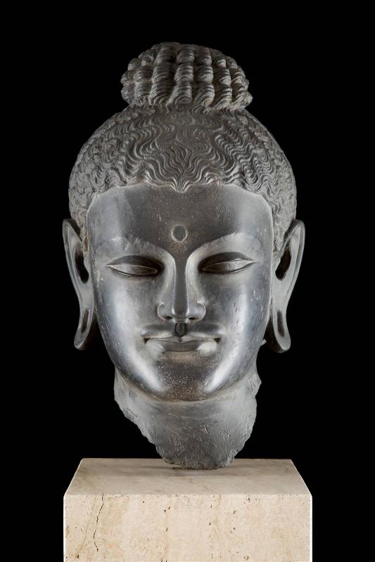 MONUMENTALER BUDDHAKOPF, Gandhara, wohl 3./4. Jh. n. Chr. (oder später) Grauer Schiefer, H. 52 cm, Erlös 41.300,- €