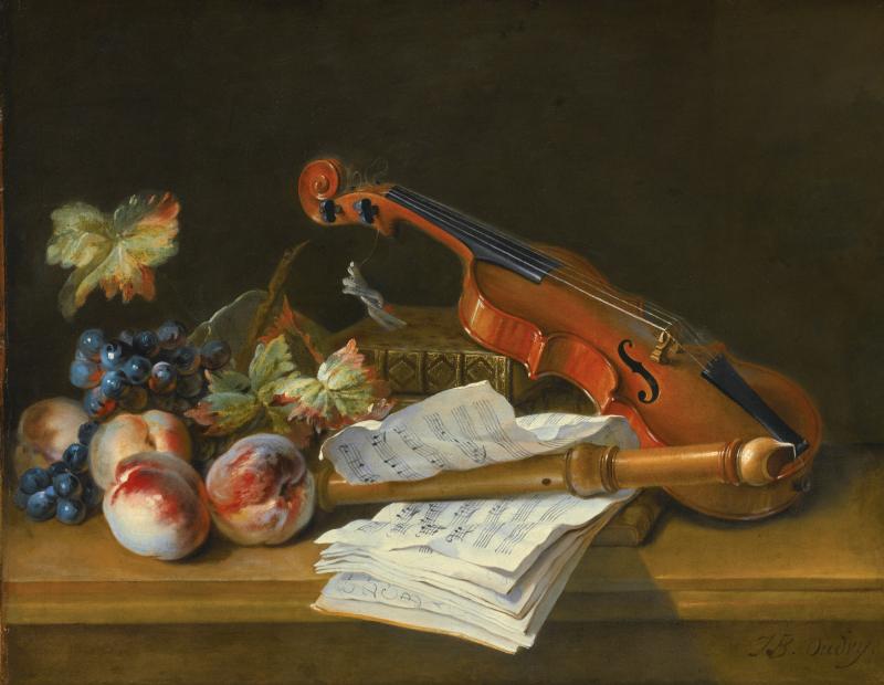 Jean-Baptiste Oudry STILL LIFE WITH A VIOLIN, A RECORDER, BOOKS, A PORTFOLIO OF SHEET OF MUSIC, PEACHES AND GRAPES ON A TABLE TOP Estimate  600,000 — 900,000  USD