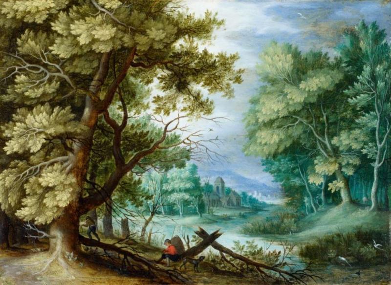 Jan Brueghel d. Ä. Waldlandschaft mit Wanderern Öl auf Kupfer. 16,5 x 22,5 cm. Schätzpreis:	200.000 - 250.000 EUR