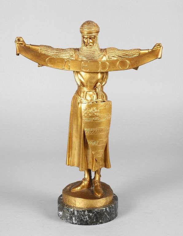 Emmanuel Frémiet, "Credo" 1870, auf der Plinthe signiert "E. Fremiet", Giessereisignet "F. Barbedienne, Fondeur, Paris", Bronze vergoldet  Mindestpreis:	2.300 EUR