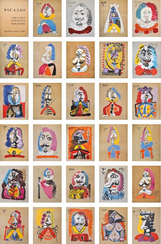 266 Pablo Picasso (Malaga 1881 – Mougins 1973) Vingt-neuf portraits imaginaires, 1969 Komplette Mappe mit 29 Farblithografien, 65,1 x 50,2 cm Jeweils handschriftlich nummeriert (F 209/250) Aus der französischen Edition, Editions Cercle d’Art (Auflage 250) Vingt-neuf portraits imaginaires, 1969 Cartella completa di 29 litografie a colori, 65,1 x 50,2 cm Ciascuna numerata a mano (F 209/250) Dall’edizione francese, Ed