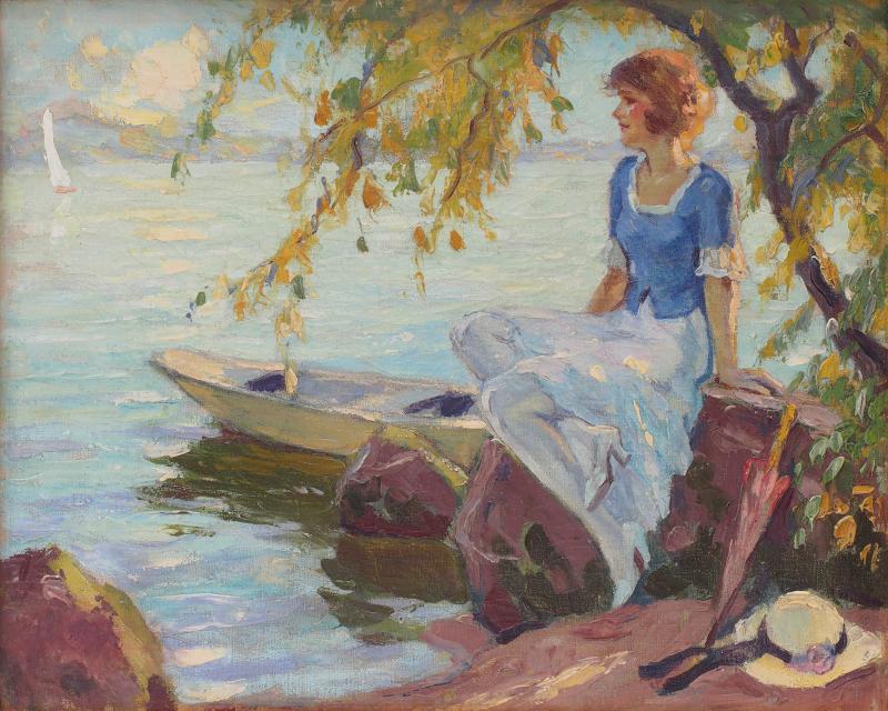 Edward Cucuel (San Francisco 1875 – 1954 Pasadena) "Dame am Starnberger See"  Öl auf Leinwand, verso signiert 40 x 50 cm  Zur Verfügung gestellt von: Galerie Altstadt