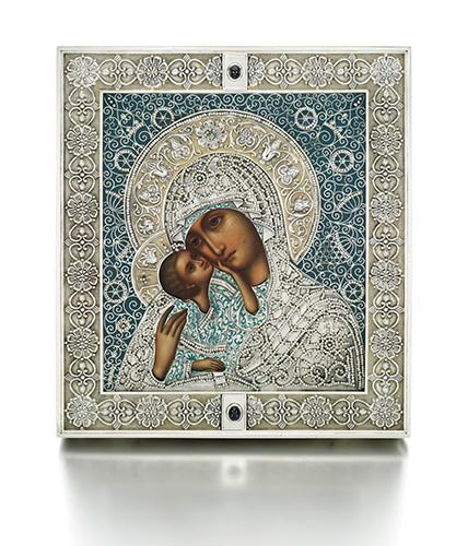 ￼A Fabergé jewelled silver, enamel and seed-pearl icon of the Pelagonitissa Mother of God, Moscow