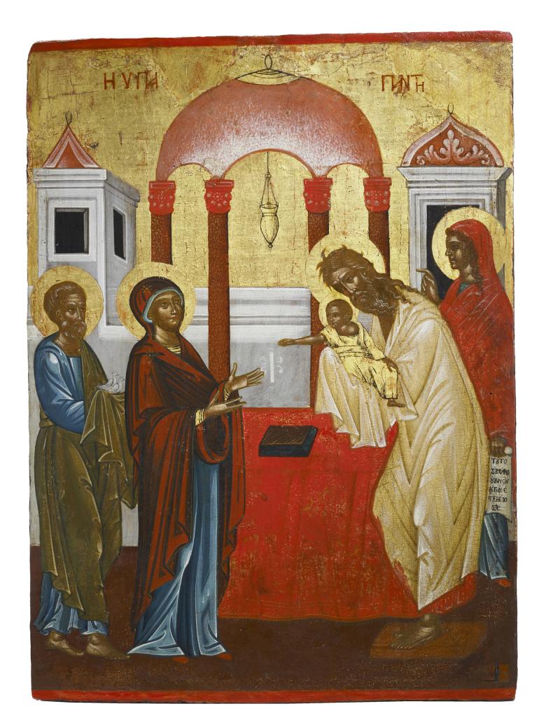 BRENSKE GALLERY  PRESENTATION OF CHRIST IN THE TEMPLE  Presentation of Christ in the temple Italo-Cretan, 2nd half 16th century 33 x 24 cm Provenance: private collection Rhineland Literature: for September in Icon-Calendar 2018, Ed. Weingarten  Italo-kretisch, 2. Hälfte 16. Jh. 33 x 24 cm