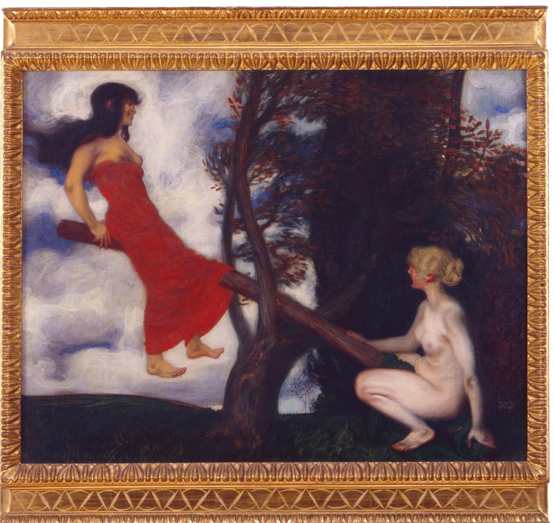 Franz von Stuck, Die Wippe, um 1898 © Museum Villa Stuck (Dauerleihgabe der Bundesrepublik Deutschland) Syntonos-Farben auf Leinwand, Originalrahmen 59,2 × 75,4 cm