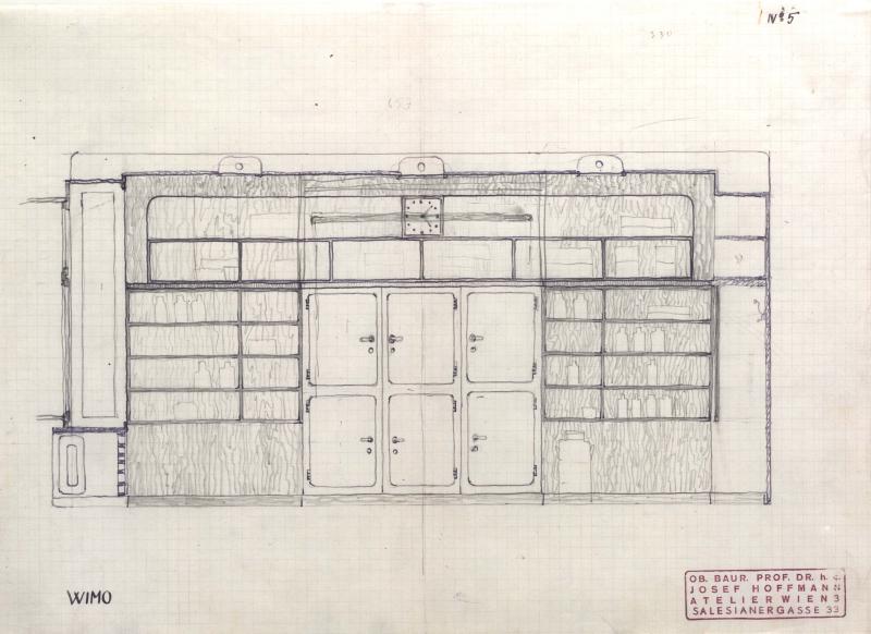 Josef Hoffmann, Entwurf für einen Verkaufsraum der WIMO (Wiener Molkerei), Wandschrank mit Kühlschrank und Uhr, um 1950 © MAK