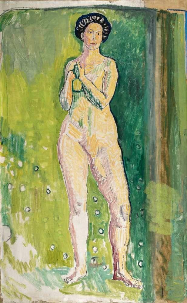 Ferdinand Hodler (1853 - 1918) Stehender Frauenakt, «Die Quelle» 1904 - 10 Öl auf Leinwand unten rechts Reste der Signatur «F. Hodler», oberhalb davon Signaturstempel «Ferd. Hodler», rückseitig Nachlassstempel «Berthe Hodler 1958» 130 x 80.5 cm. Schätzpreis:	650.000 - 850.000 CHF