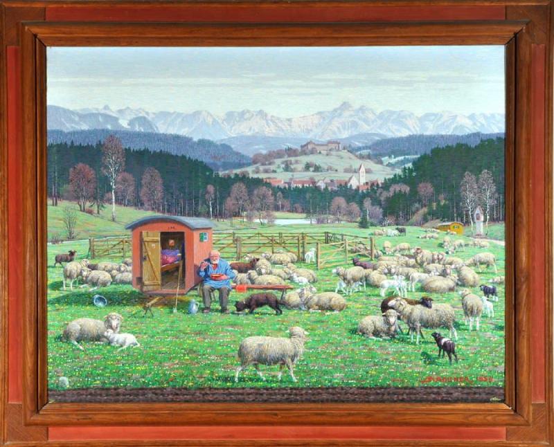 Madlener, Josef, 1881 - 1967 Amendingen/Memmingen Öl/Lwd, 100 x 124 cm, " Schäfer mit Wagen und Schafherde in weiter Allgäuer Landschaft mit Blick auf Schloss Kronburg ",  Mindestpreis:	5.000 EUR