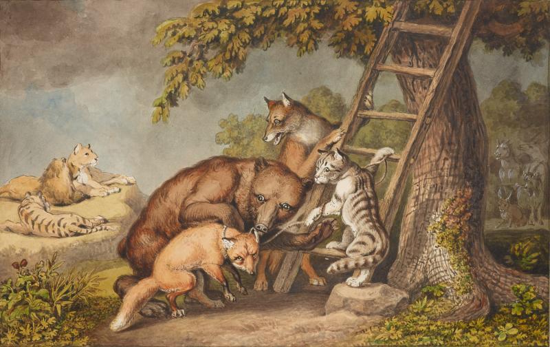 Johann Heinrich Wilhelm Tischbein (1751-1829) Illustration zum Volksbuch »Reineke Fuchs«: Der Gerichtstag der Tiere, o. D. Feder in Schwarz, Aquarell über Bleistift, 328 x 814 mm Privatsammlung Foto: Johannes von Mallinckrodt, London