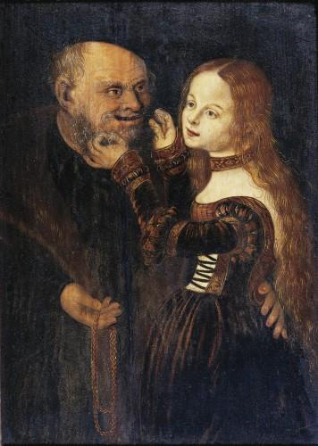 Lucas Cranach d. Ä. 1472–1553 (Umkreis) Ungleiches Paar (Unequal Couple), 2. Hälfte 16. Jh.  Tannenholz 34 x 24 cm Sammlung Würth, Inv. 6546