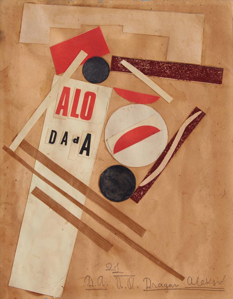 • Aleksic, Dragan (1901 in Bunic – 1958 in Belgrad). – „Alo Dada“. Collage auf Papier. Monogrammiert, signiert und datiert „(19)21“.