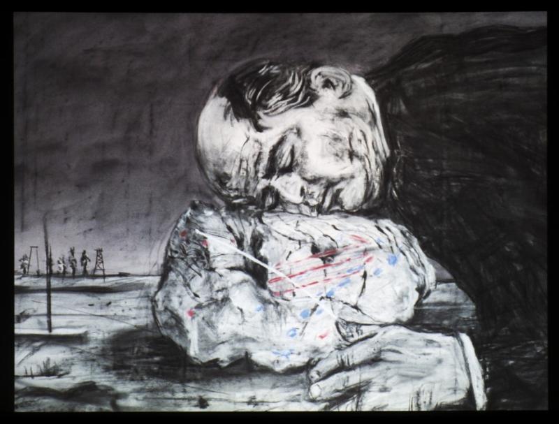 William Kentridge: WEIGHING …and WANTING, 1998 Videoinstallation, Länge: 6‘20‘‘ 35 mm, transferiert auf Video (Farbe, Ton) © Courtesy the artist, Marian Goodman Gallery (New York, Paris, London); Goodman Gallery (Johannesburg, Cape Town) and Lia Rumma Gallery (Naples, Milan)