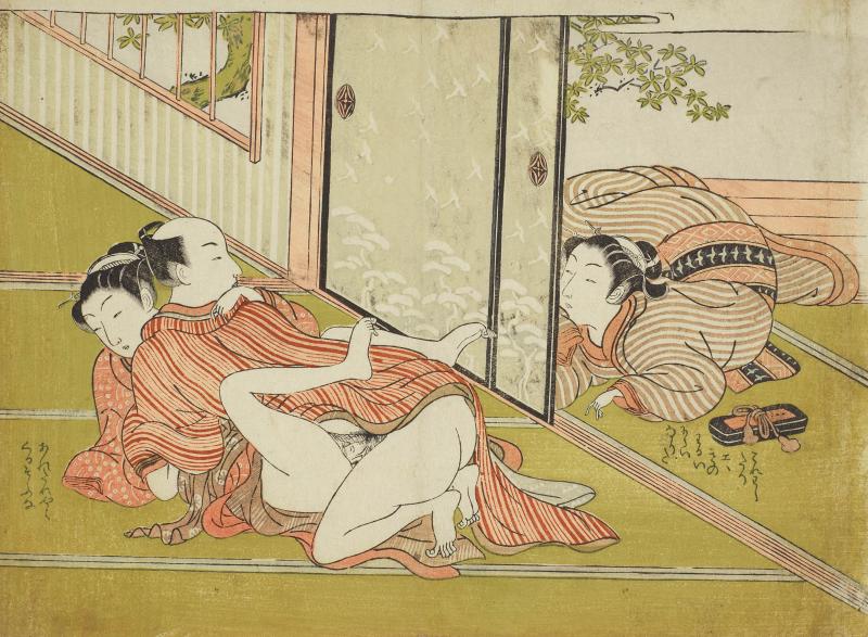 Suzuki Harunobu (ca. 1725–1770, zugeschrieben), Belauschtes Liebespaar, um 1770. Farbholzschnitt © Leopold Privatsammlung, Wien; Foto: MAK/Georg Mayer