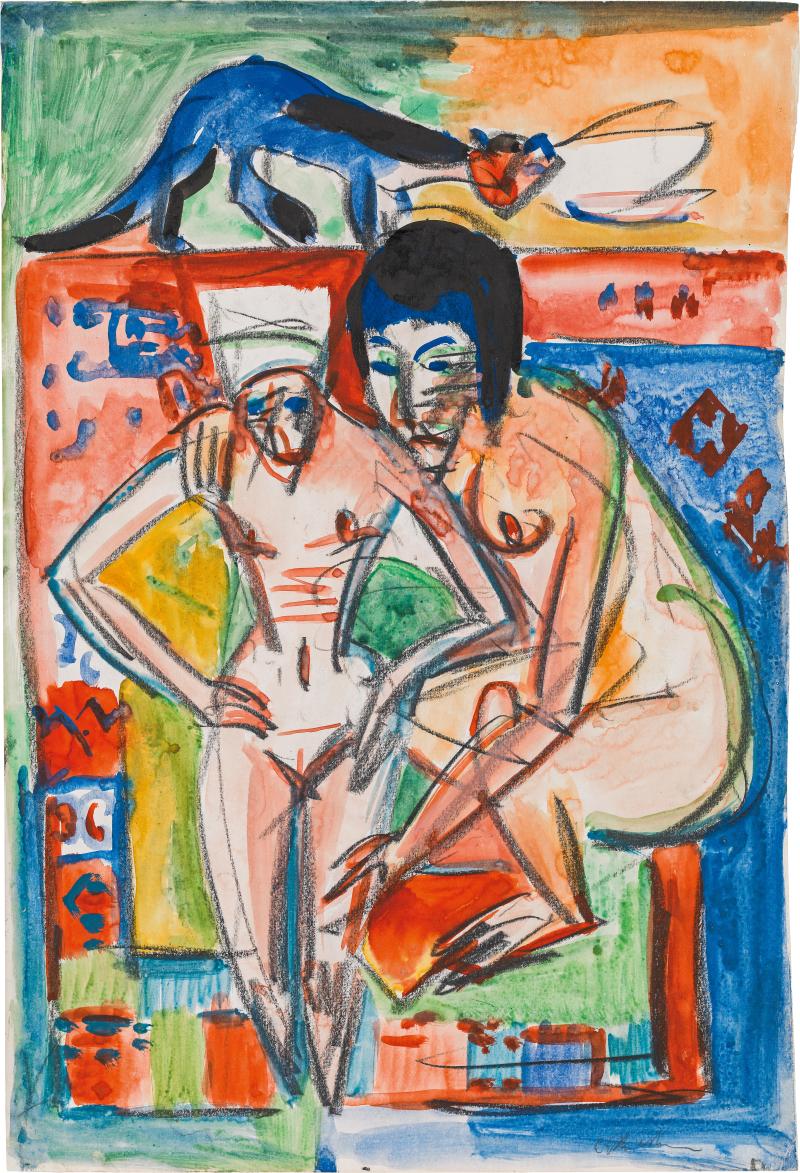 Ernst Ludwig Kirchner (Aschaffenburg 1880-1938 Frauenkirch bei Davos)  'Nackte Frau und Mädchen' (probably Anna Müller), ca. 1925 watercolor and chalk on paper; 49.8 × 33.9 cm estate stamp on reverse with the number: A Da/Bg 6 title on the reverse: Nackte Frau und Mädchen signed (lower right): E L Kirchner from the estate of the artist; Austrian private property This work has been registered at the Ernst Ludwig Kirchner Archive Wichtrach/Bern. estimate € 100,000 - 200,000