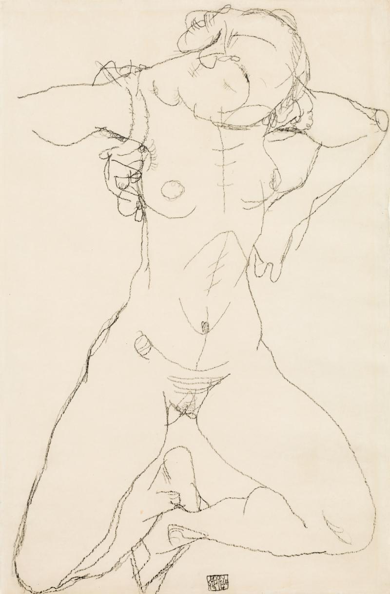 Egon Schiele (Tulln 1890 - 1918 Wien)  Female nude, 1914 pencil on paper; 48 × 31.7 cm signed and dated (lower center): Egon Schiele 1914 Kornfeld & Klipstein, Bern (1957-1958); private collection, Switzerland; Christie's London, 10. 12. 1997, lot 280; Sotheby's London, 25. 06. 2002, lot 162; private property Vienna; im Kinsky Vienna, 11. 10. 2005, No. 174; European private collection Jane Kallir, Egon Schiele. The Complete Works, New York 1990, Cat.- No. D. 1557, ill. p. 529 estimate € 180,000