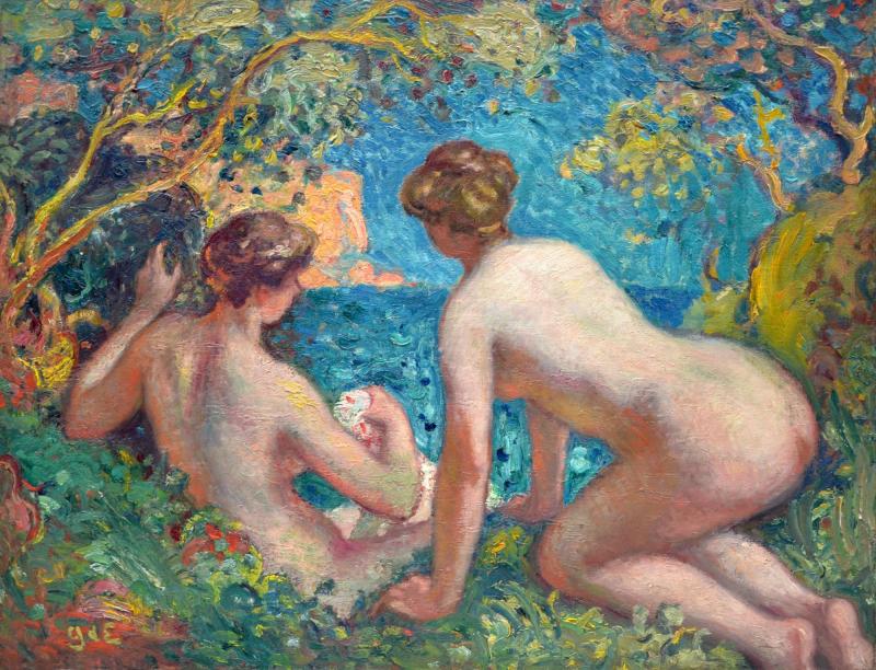 Georges dEspagnat (1870­-1950) Women Bathing.  Oil on canvas signed, monogrammed bottom left. Dimensions: H. 28.7 x W. 36.2 inches   Galerie Delvaille