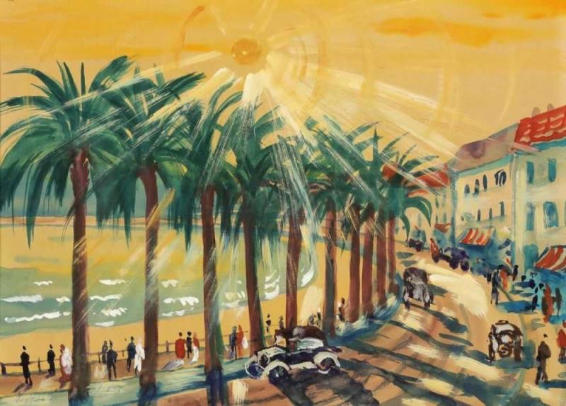 Franz Heckendorf 1888 Berlin - 1962 München - "Promenade in Nizza" - Gouache/Papier. Schätzpreis:	4.500 EUR 28,5 x 39,8 cm.