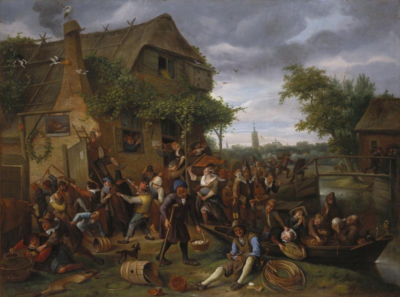 RCIN 405611 Jan Steen (1626-1679) Vechtende boeren bij een herberg, 1673 Doek, 110 x 147 cm Gesigneerd rechtsonder: JSteen (JS ineen) Gedateerd in het opschrift op het uithangbord van de herberg: T MIS VERSTANT 1673, met naast de deur op een plakkaat het opschrift: DIT HUIS IS TE HUER Aangekocht door George IV, 1811