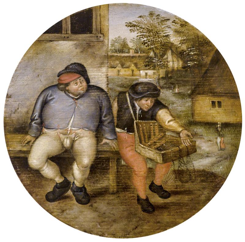 Pieter Brueghel II. (1564-1638) Ein Bauer und ein Hausierer auf einer Bank, Öl auf Holz, Durchm. 18 cm  Schätzwert € 180.000 - 220.000 erzielter Preis 430.742.