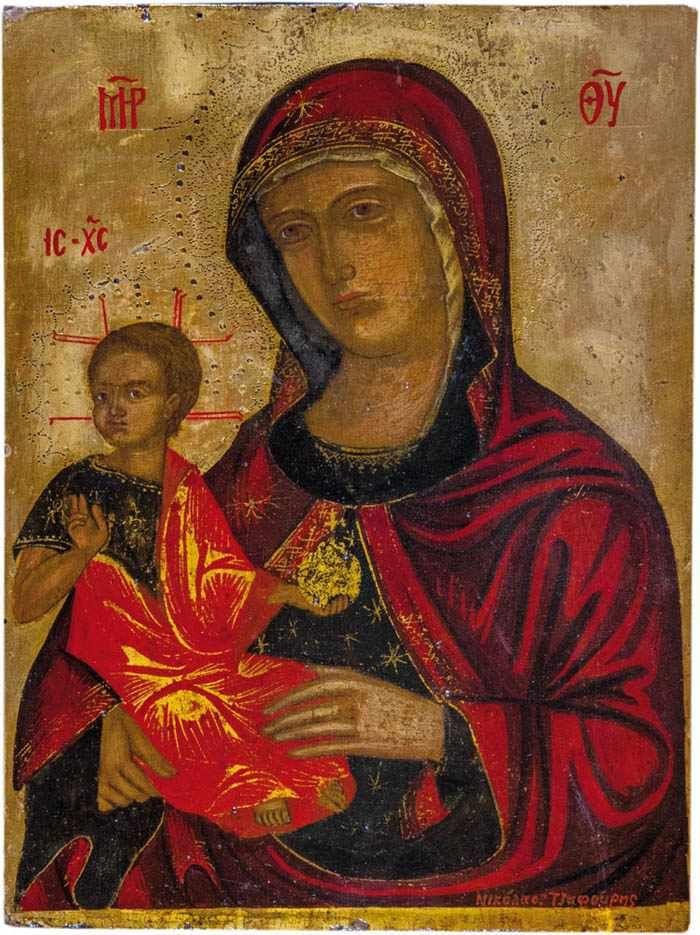 Bedeutende Ikone Madre della Consolazione Veneto-Kretisch, wohl Nikolaos Tzafouris, kurz vor 1500 Dünne Holztafel. Schätzpreis:	8.000 - 9.000 EUR