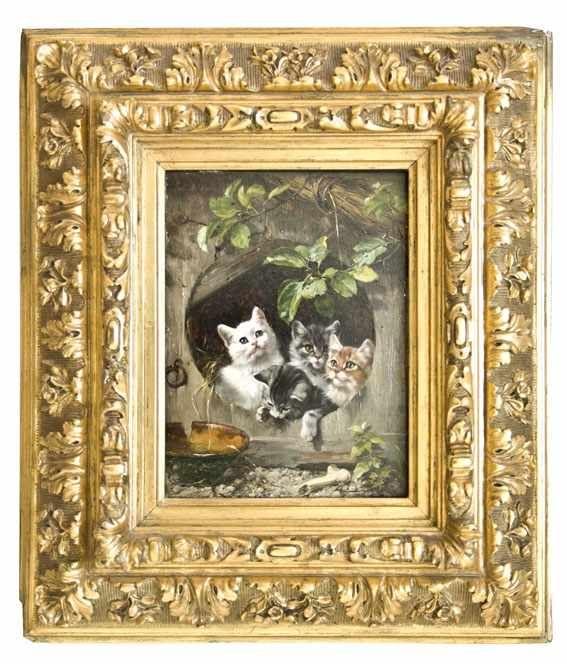 Adam, Julius (München 1821 - 1874). Vier Katzen. Öl auf Holz, um 1860. Oben links signiert. 19,5 x 14 cm. Im breiten ornamentalen Goldrahmen. Schätzpreis:	8.000 EUR