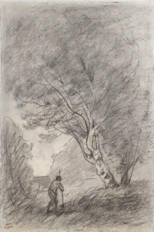 Jill Newhouse Gallery: Jean Baptiste Camille Corot (1796-1875), Promeneur sous bois (recto), Paysage (study), verso, charcoal on laid paper