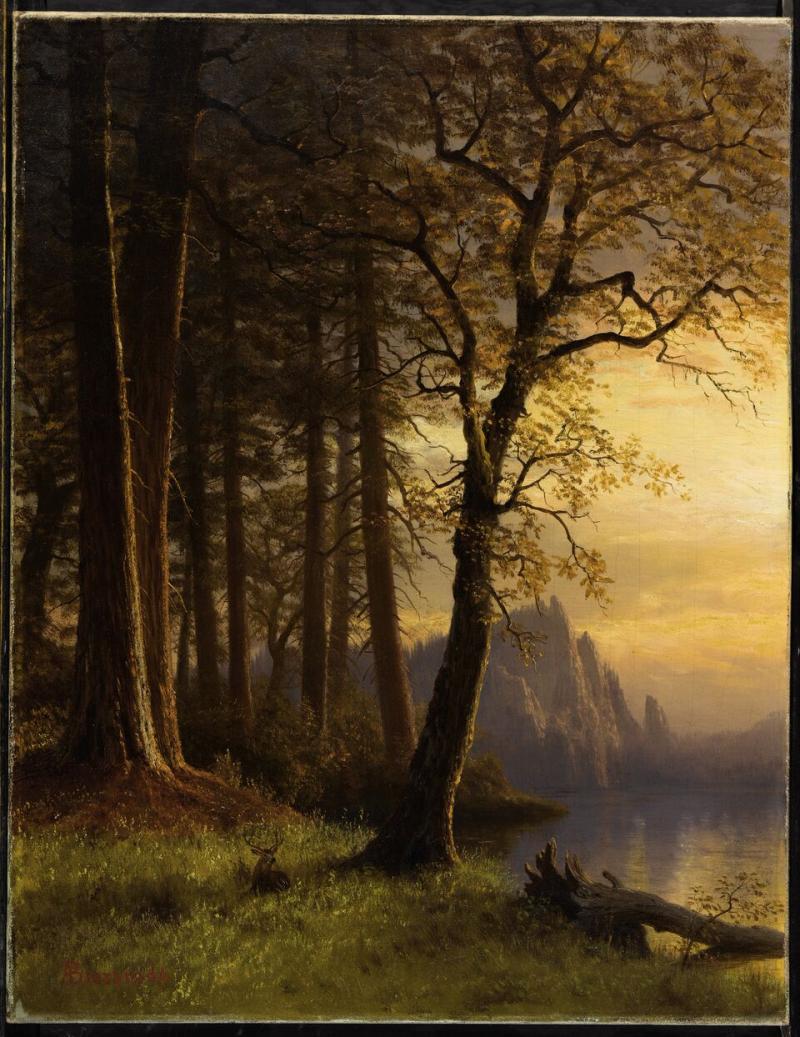 Lot 83 Albert Bierstadt Sunset In California, Yosemite signed ABierstadt (lower left) oil on canvas 28 1/2 by 22 inches (72.4 by 55.9 cm) Estimate $1/1.5 million