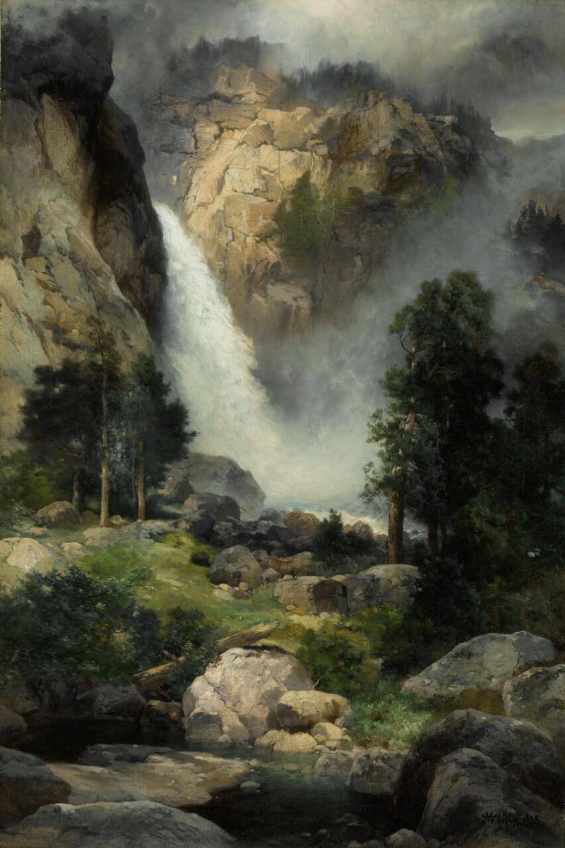 Lot 84 Thomas Moran Cascade Falls, Yosemite signed T Moran and dated 1905 (lower right) oil on canvas 30 1/4 by 20 inches (76.8 by 50.8 cm) Estimate $800/1,200,000