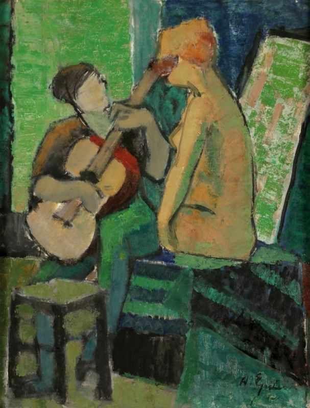 Henri (Henryk) Epstein 1891 Lodz - 1944 wahrscheinlich KZ Auschwitz - Gitarrenspieler im Atelier - Öl/Papier. 56 x 43 cm. Sign. Aufrufpreis:	8.000 EUR