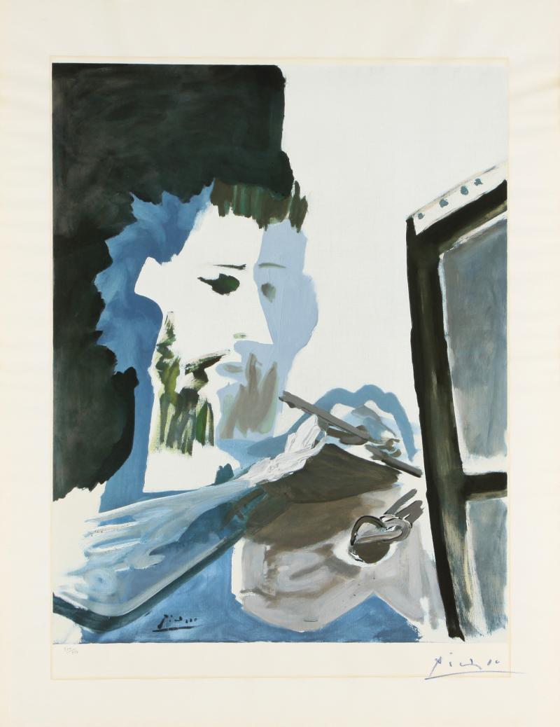 Pablo Picasso, r.u. mit blauem Stift handsig. Malaga 1881 – 1973 Mougins, ‘Le Peintre’, 1963, Collotypie, 334/350, 75,7 x 59,4 cm, Lichtschaden, PP-Ränder gebräunt, o.R.